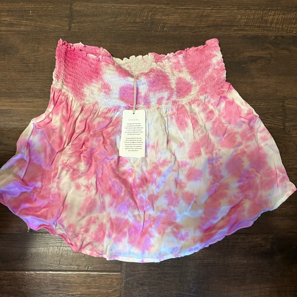 Pink and White Tie-Dye Strapless Top